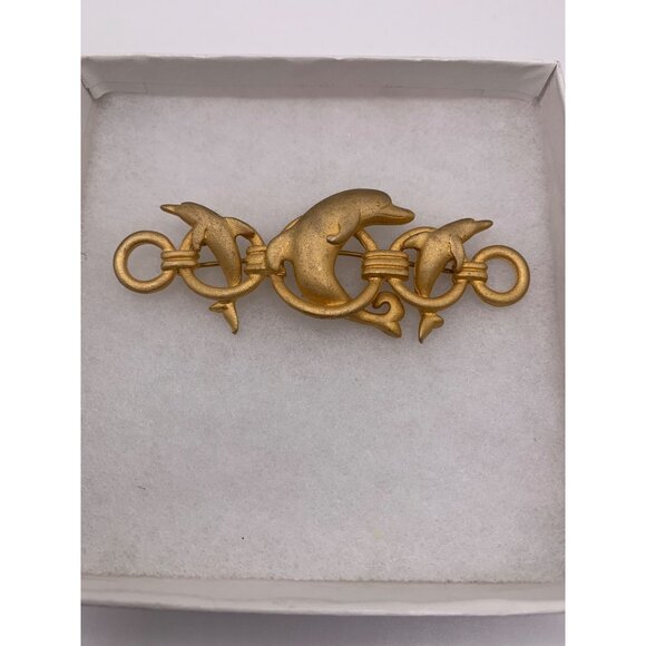 Vintage Gold Tone Dolphin Brooch Pin ACTV Hoops Aquatic Splash - Picture 2 of 6
